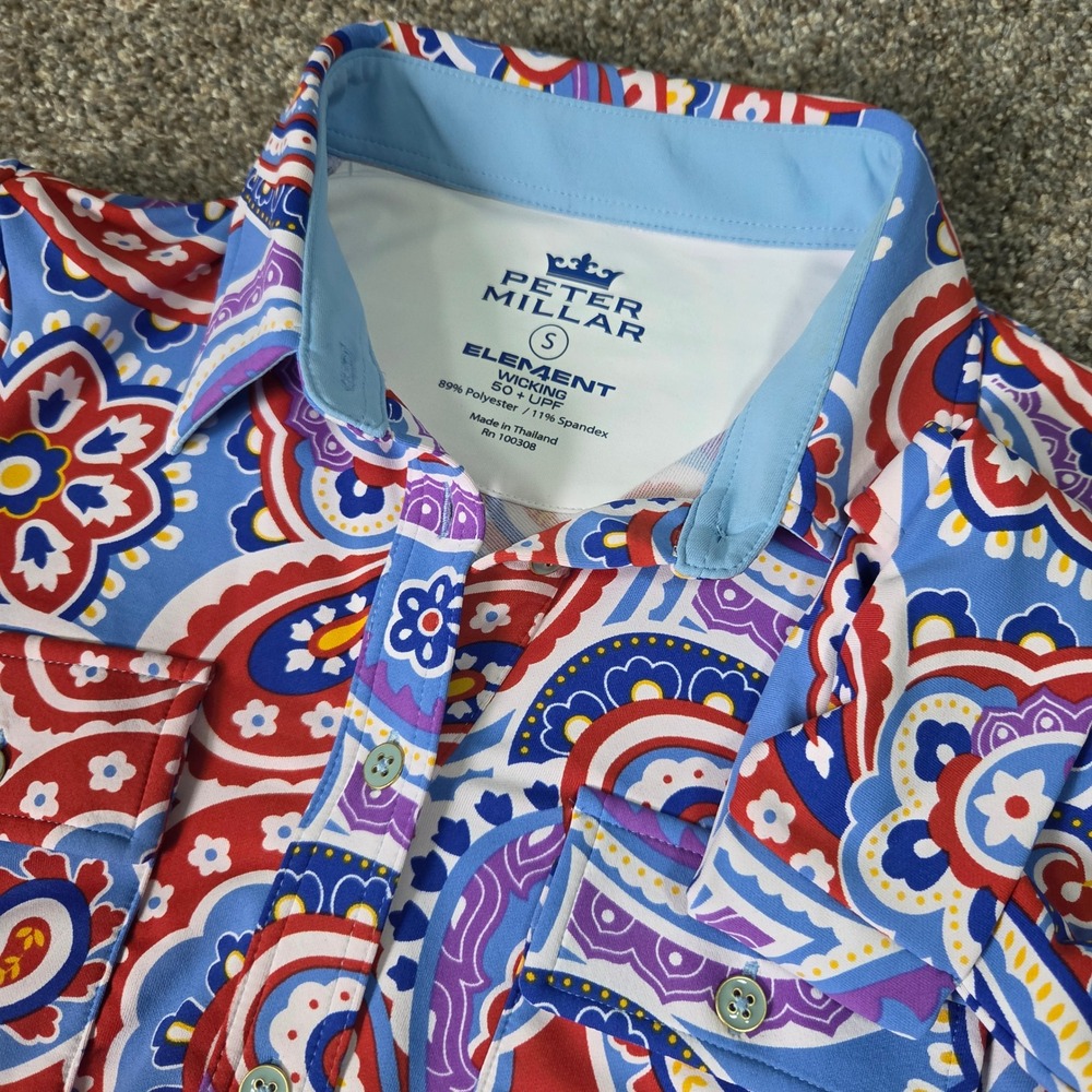 Peter Millar Element Paisley Wicking Dress Blue Red Purple UPF 50+ Small‎